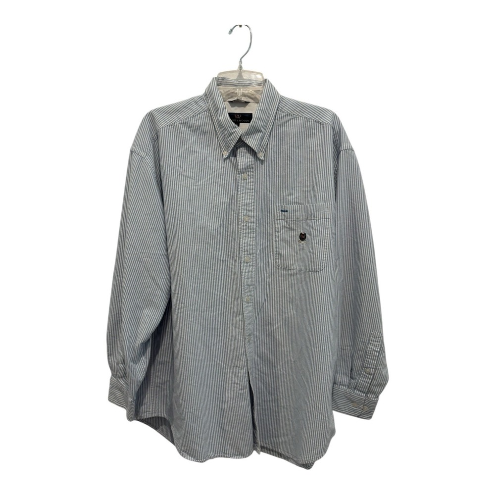 Woods & Woods Shirt Mens XL Cotton Oxford Blue White Striped Long Sleeve Blemish